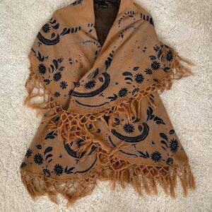 Totally Boho Brown/Caramel with Black Southwestern Poncho Sweater Wrap w/Fringes